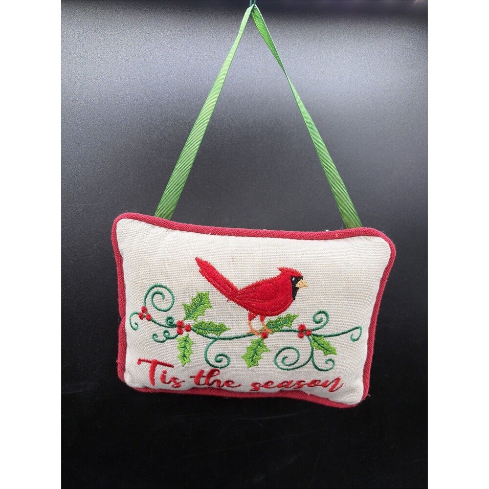 Red Cardinal Holly Branch Embroidered Mini Christmas Pillow Red Piping Hang